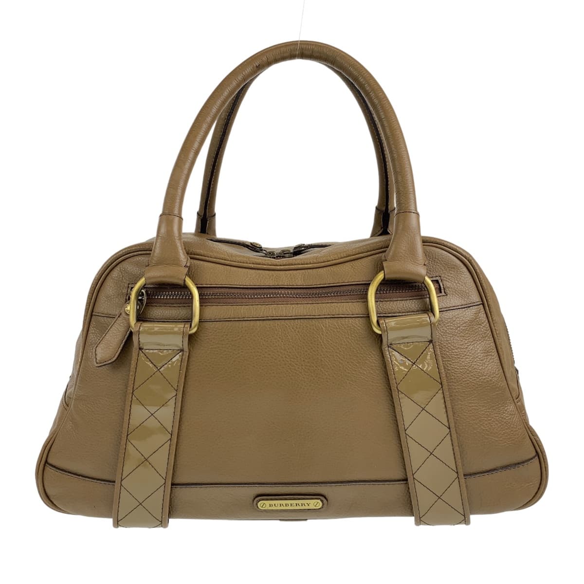 BURBERRY Handbag leather Khaki Brown Gold Metal Handbag Shoulder Bag Medium Check Pattern Women Used Authentic