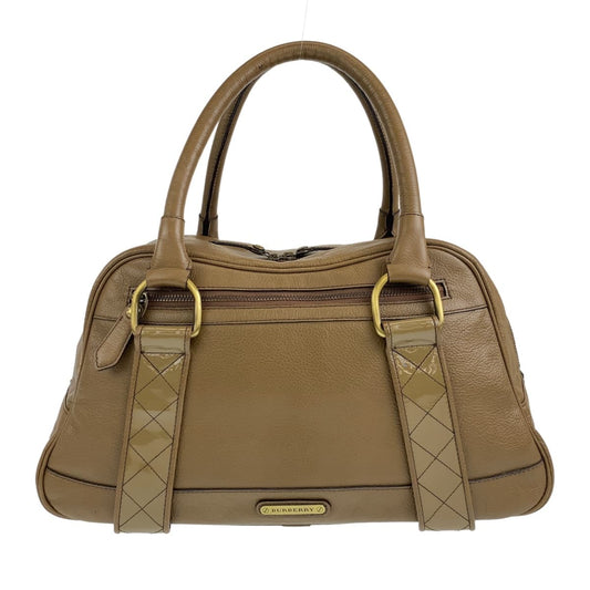BURBERRY Handbag leather Khaki Brown Gold Metal Handbag Shoulder Bag Medium Check Pattern Women Used Authentic