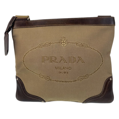 PRADA Shoulder Bag canvas Beige Brown SilverMetal Crossbody Shoulder Bag Messenger Bag Logo jacquard Women Used Authentic