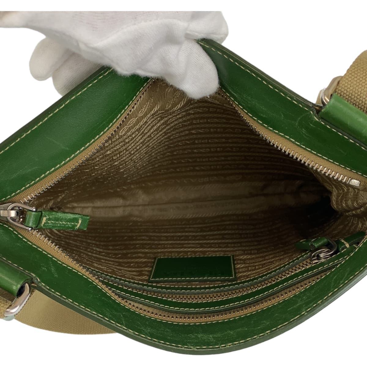 PRADA Shoulder Bag Canvas, Leather Beige Green SilverMetal Crossbody Shoulder Bag Messenger Bag Logo jacquard mens Used Authentic