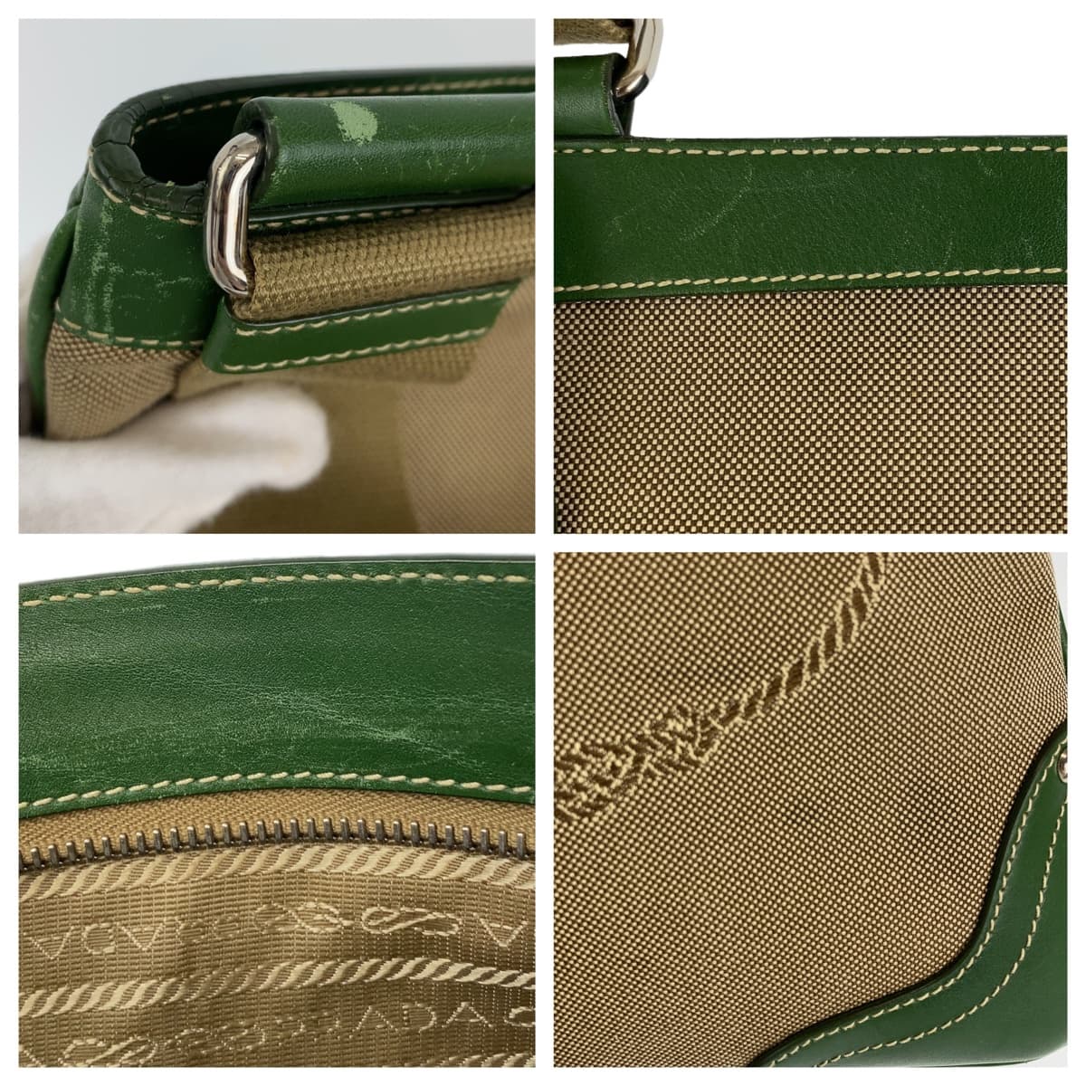 PRADA Shoulder Bag Canvas, Leather Beige Green SilverMetal Crossbody Shoulder Bag Messenger Bag Logo jacquard mens Used Authentic
