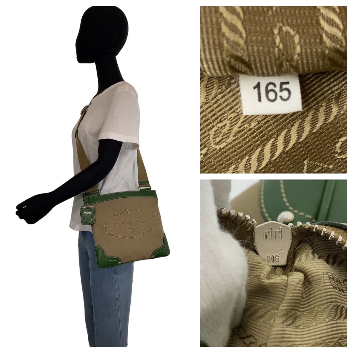 PRADA Shoulder Bag Canvas, Leather Beige Green SilverMetal Crossbody Shoulder Bag Messenger Bag Logo jacquard mens Used Authentic