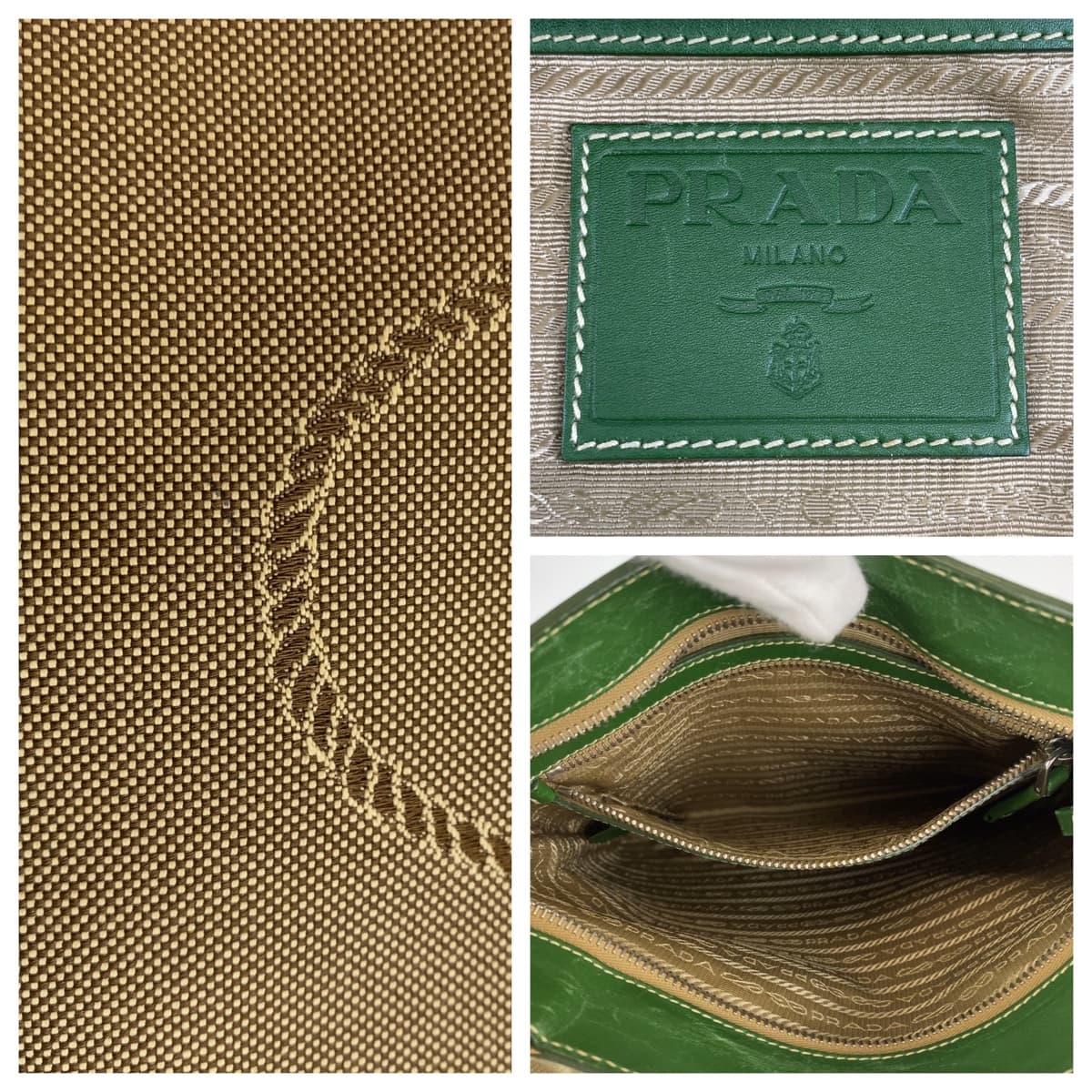 PRADA Shoulder Bag Canvas, Leather Beige Green SilverMetal Crossbody Shoulder Bag Messenger Bag Logo jacquard mens Used Authentic