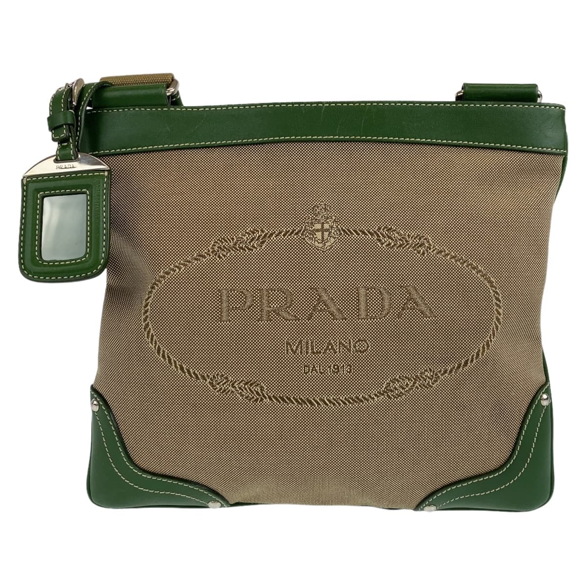 PRADA Shoulder Bag Canvas, Leather Beige Green SilverMetal Crossbody Shoulder Bag Messenger Bag Logo jacquard mens Used Authentic