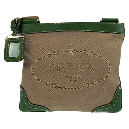 PRADA Shoulder Bag Canvas, Leather Beige Green SilverMetal Crossbody Shoulder Bag Messenger Bag Logo jacquard mens Used Authentic