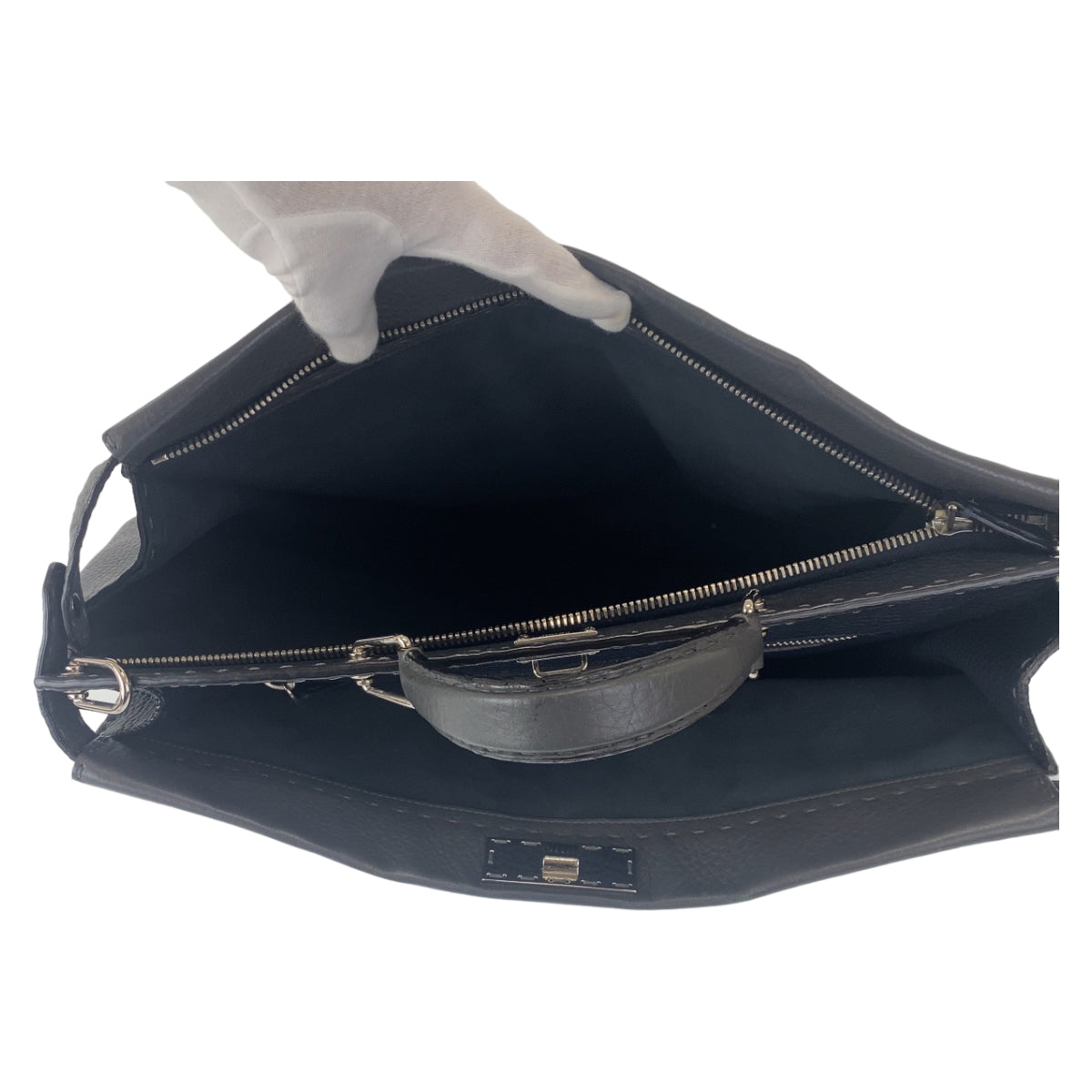 FENDI Business bag leather Grey SilverMetal Business Bag A4 Compatible Shoulder Bag Celeria Peekaboo mens Used Authentic