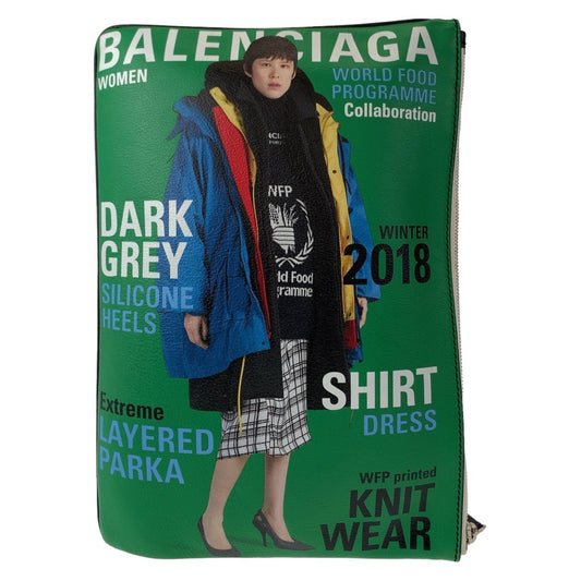BALENCIAGA Clutch bag leather Black Green SilverMetal Clutch bag business bag Magazine Print mens Used Authentic
