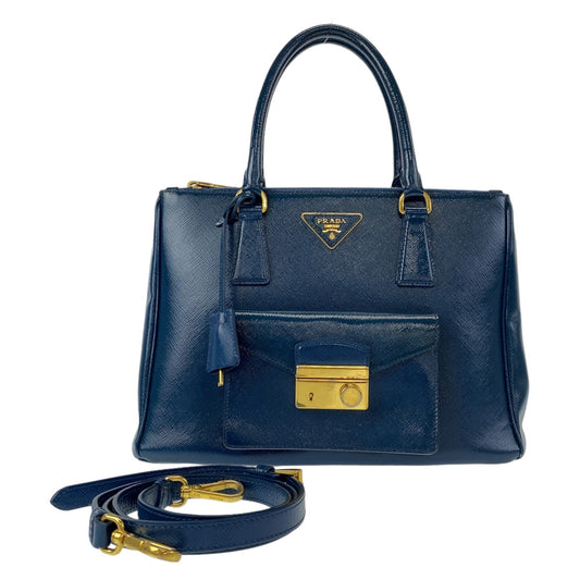 PRADA Handbag leather Blue Gold Metal 2way Handbag Crossbody Shoulder Bag Safiano Triangle With logo Women Used Authentic