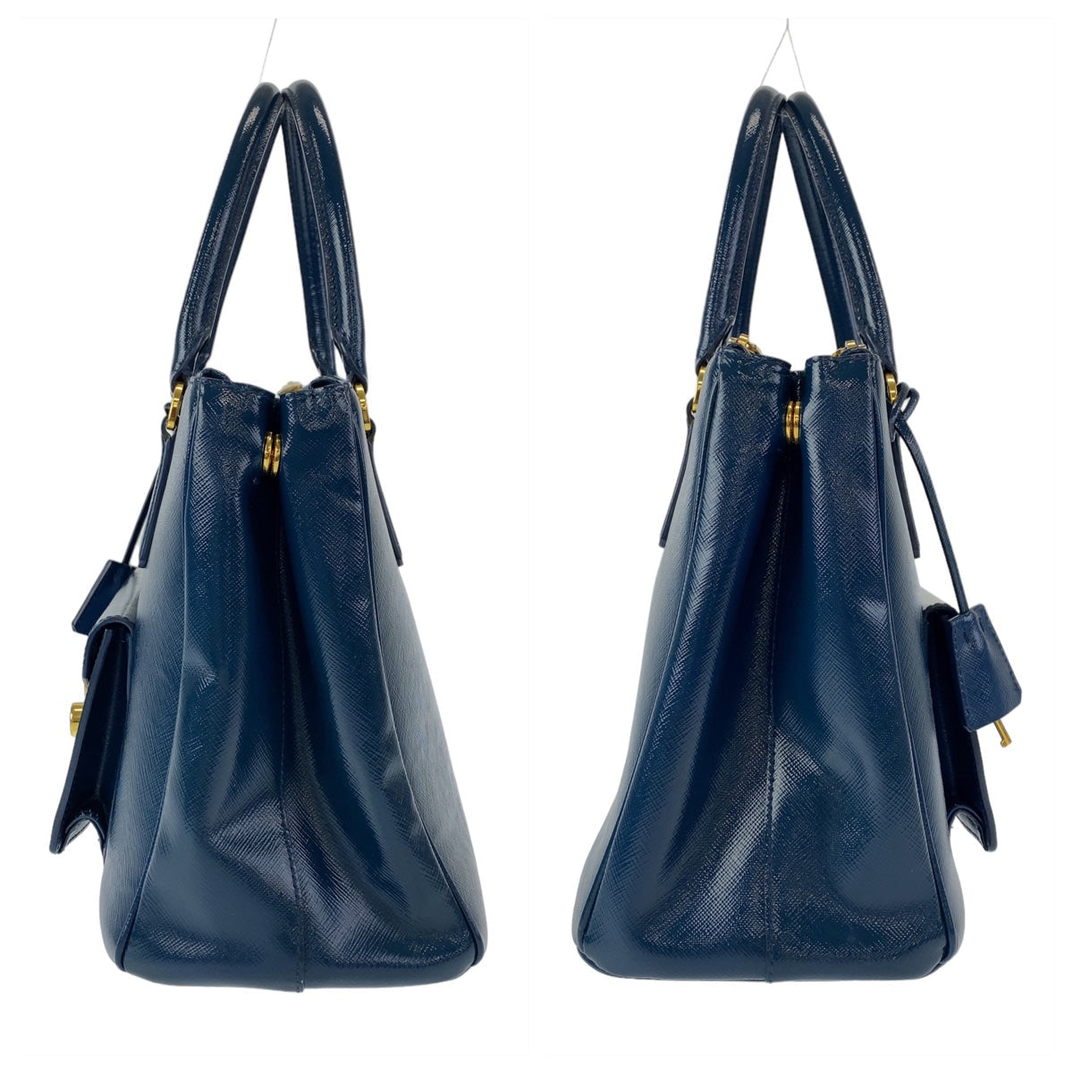PRADA Handbag leather Blue Gold Metal 2way Handbag Crossbody Shoulder Bag Safiano Triangle With logo Women Used Authentic