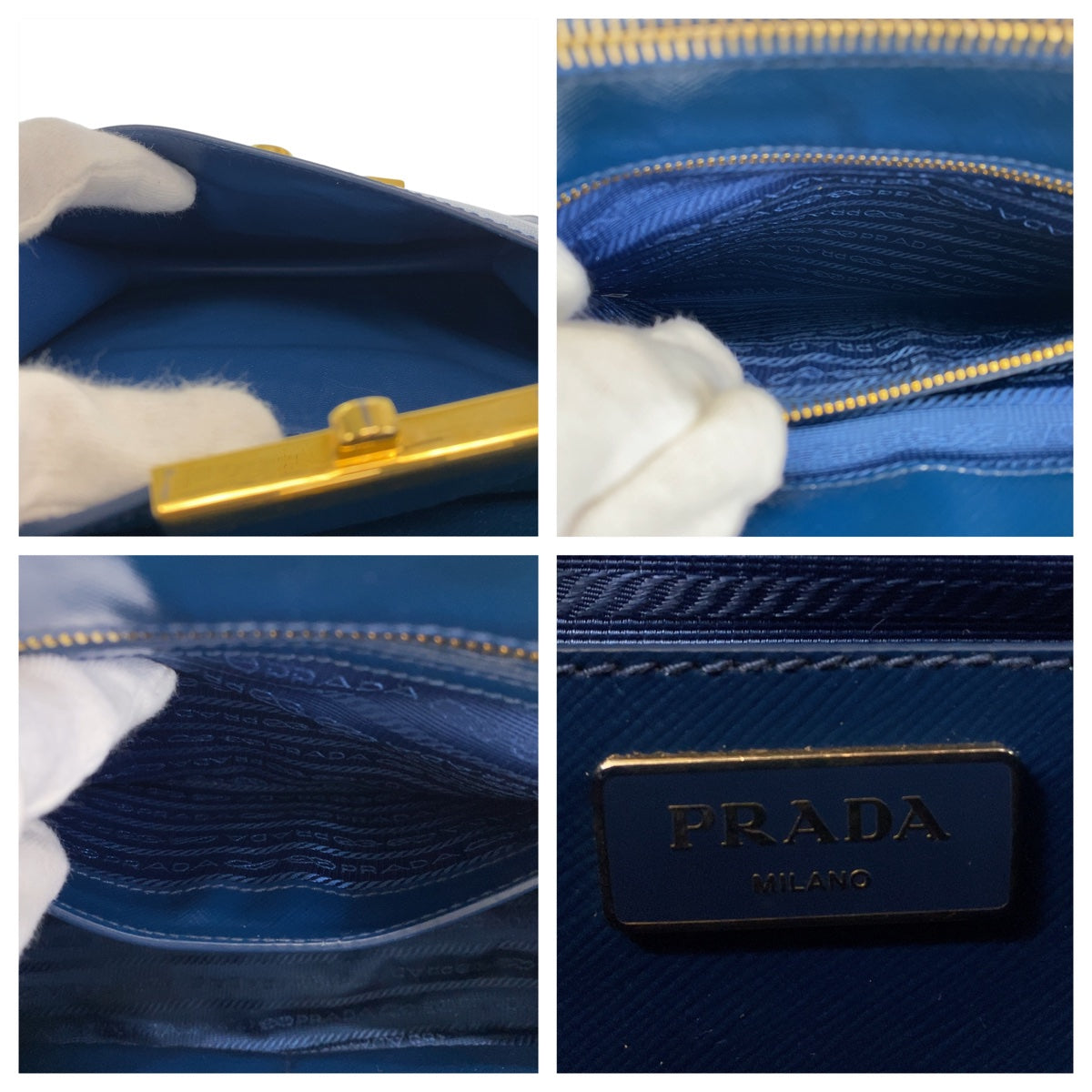 PRADA Handbag leather Blue Gold Metal 2way Handbag Crossbody Shoulder Bag Safiano Triangle With logo Women Used Authentic