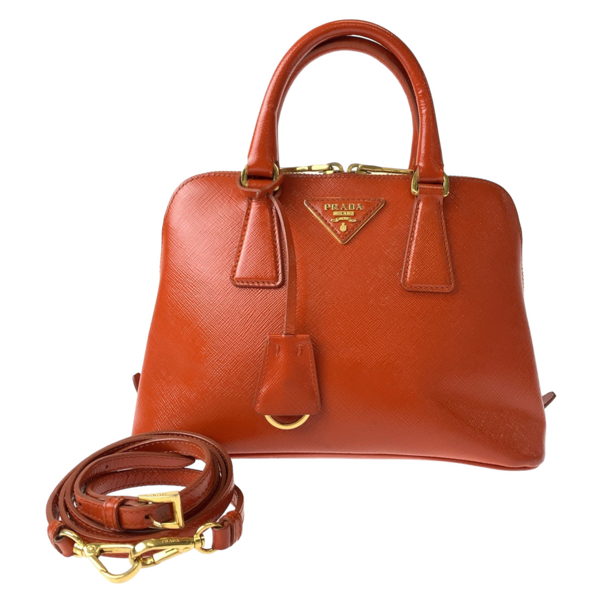 PRADA Shoulder Bag BL0838 leather Orange GoldMetal Promenade Patent Saffiano Triangle With logo