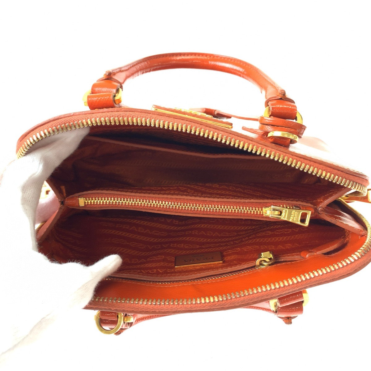 PRADA Shoulder Bag BL0838 leather Orange GoldMetal Promenade Patent Saffiano Triangle With logo