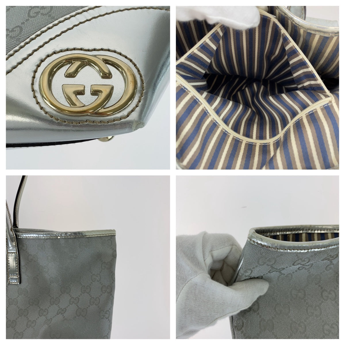 GUCCI Tote Bag 169945 GG canvas, leather Silver Metal Tote Bag Shoulder Bag Interlocking Newbrit Women Used Authentic