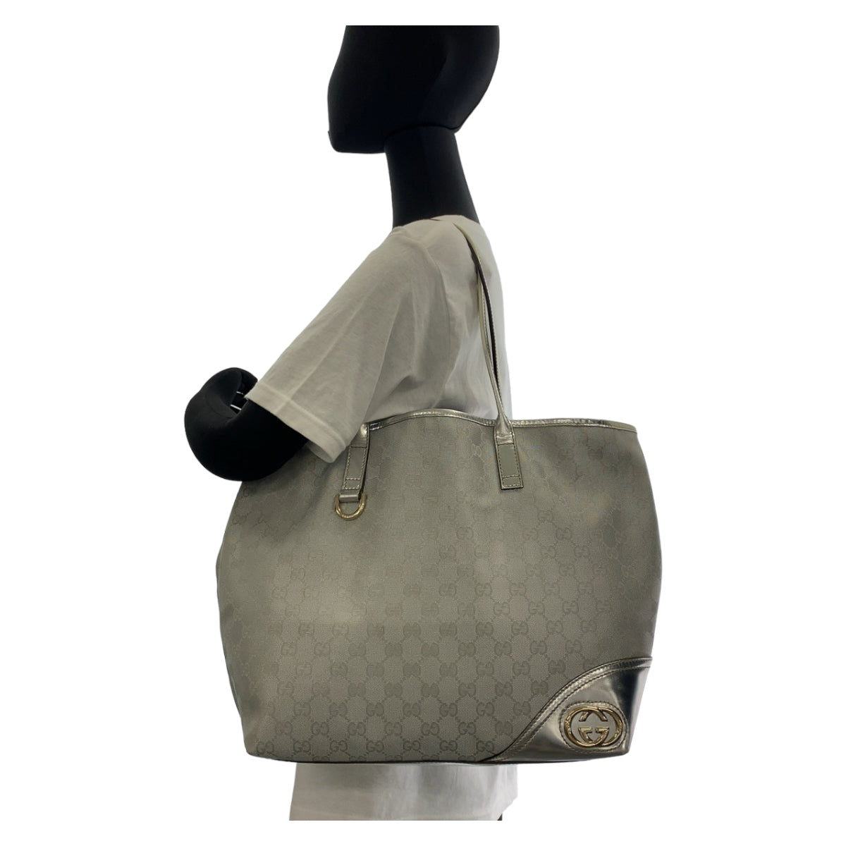 GUCCI Tote Bag 169945 GG canvas, leather Silver Metal Tote Bag Shoulder Bag Interlocking Newbrit Women Used Authentic