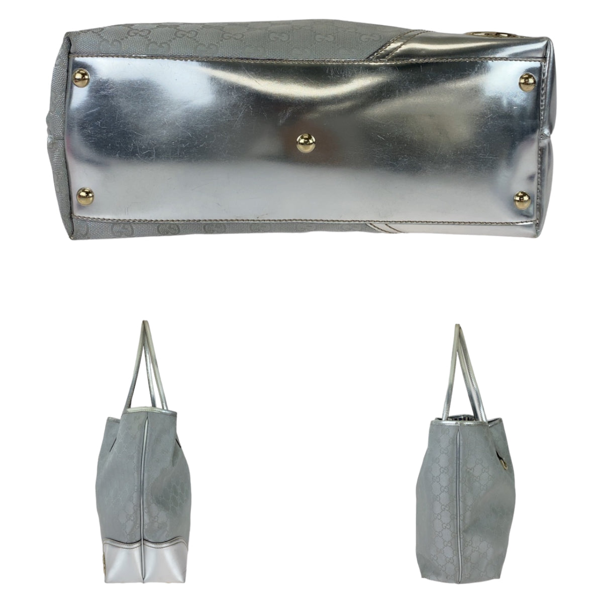 GUCCI Tote Bag 169945 GG canvas, leather Silver Metal Tote Bag Shoulder Bag Interlocking Newbrit Women Used Authentic
