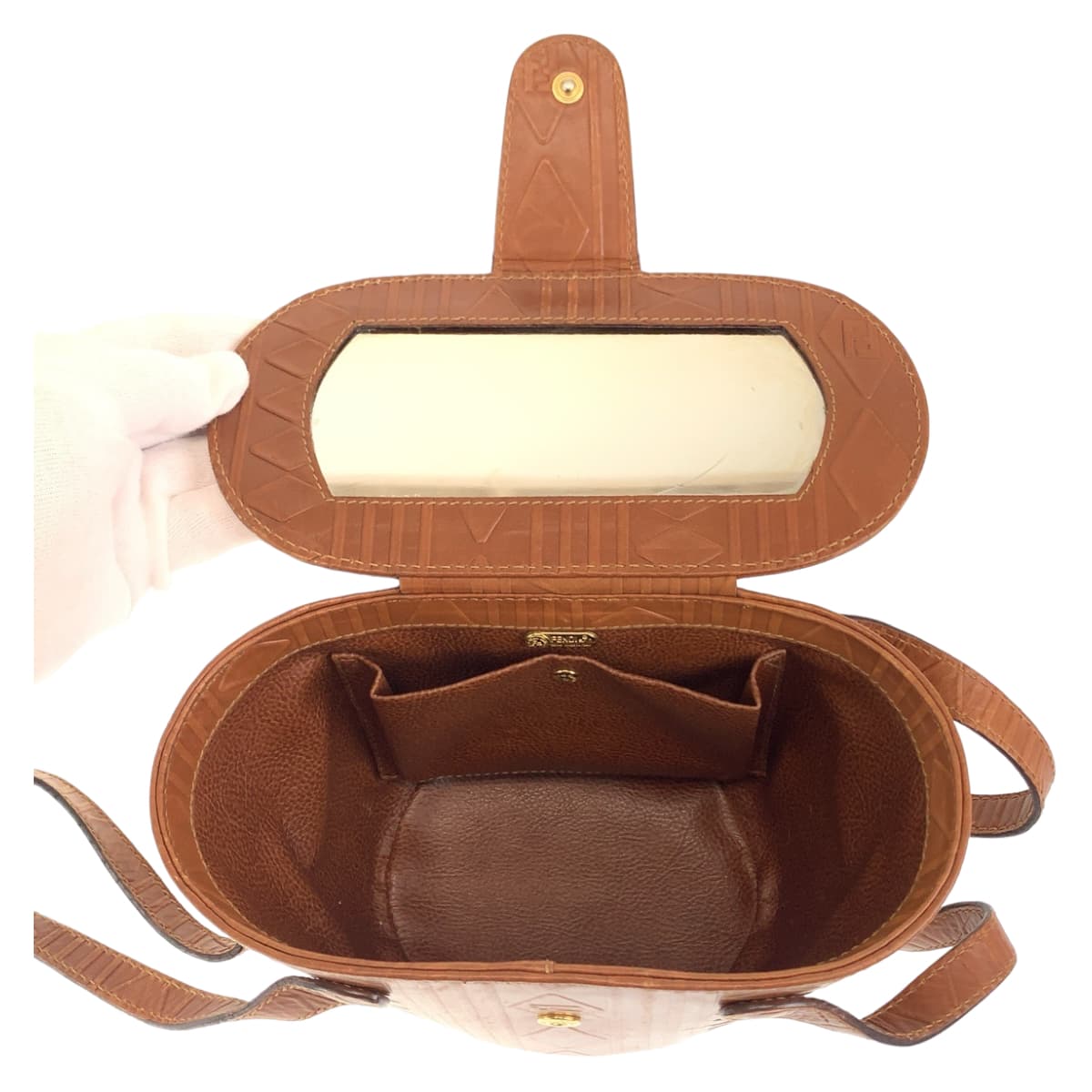 FENDI Handbag Patent leather Camel brown Handbag bucket bag Carving Women Used Authentic