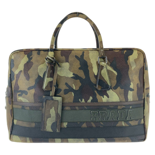 PRADA Business bag leather Green SilverMetal Business bag, briefcase, A4 storage Saffiano Camouflage mens Used Authentic