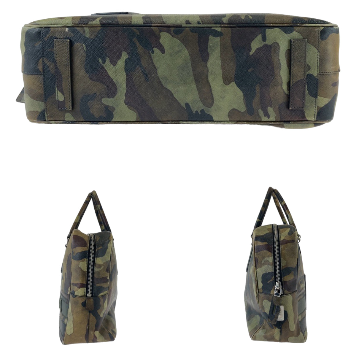 PRADA Business bag leather Green SilverMetal Business bag, briefcase, A4 storage Saffiano Camouflage mens Used Authentic