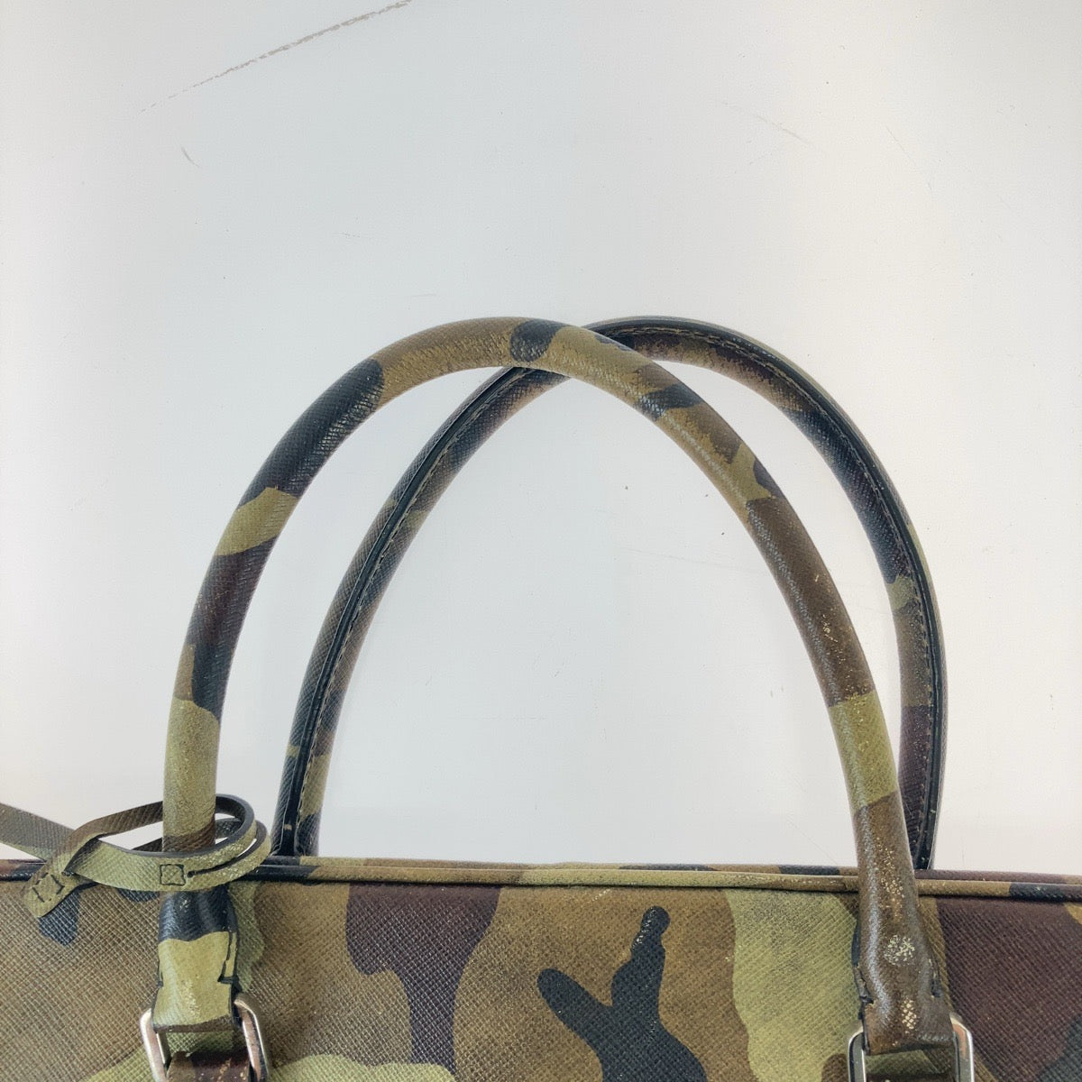 PRADA Business bag leather Green SilverMetal Business bag, briefcase, A4 storage Saffiano Camouflage mens Used Authentic