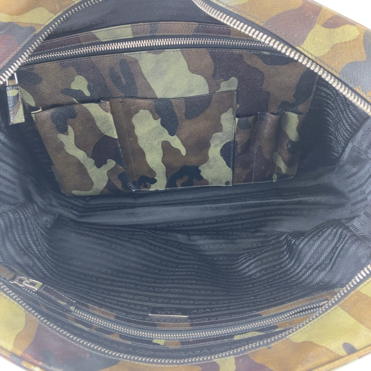 PRADA Business bag leather Green SilverMetal Business bag, briefcase, A4 storage Saffiano Camouflage mens Used Authentic