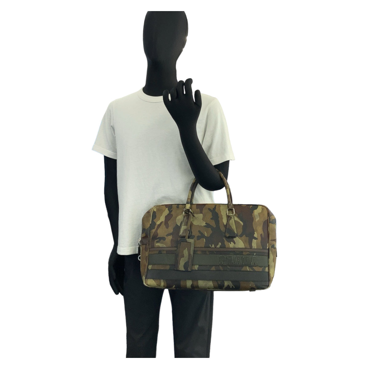 PRADA Business bag leather Green SilverMetal Business bag, briefcase, A4 storage Saffiano Camouflage mens Used Authentic