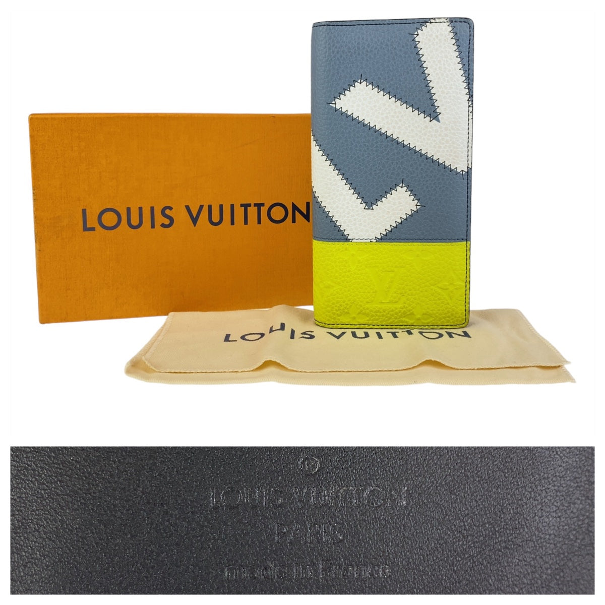 LOUIS VUITTON Long Wallet Purse M81440 leather Blue Yellow SilverMetal Long Wallet Purse Taurillon Clemence Portefeuille Braza mens Used Authentic