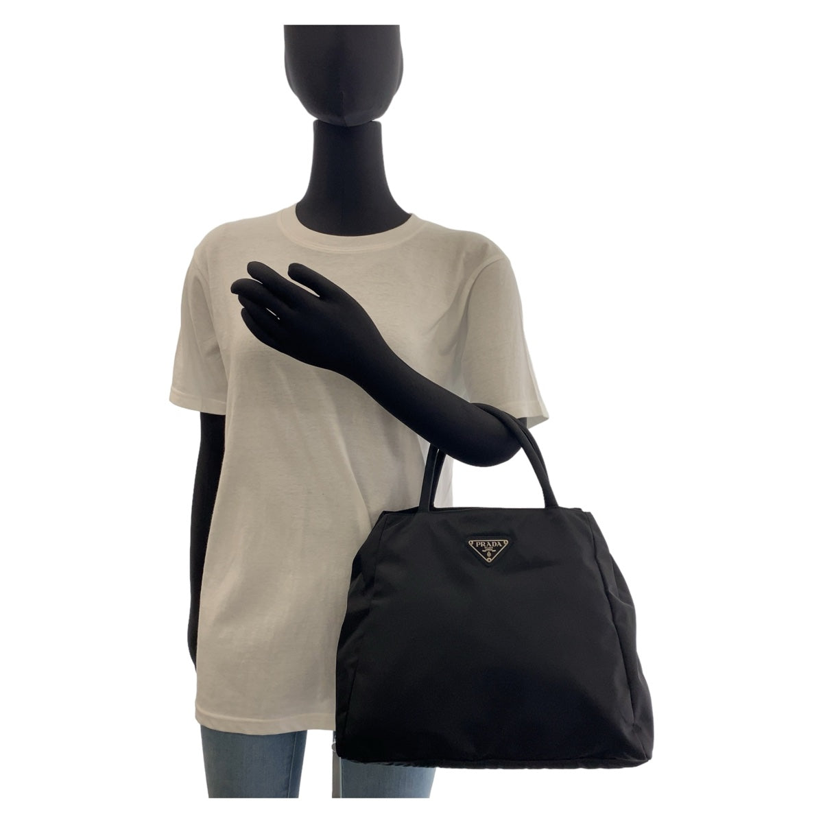 PRADA Tote Bag Nylon Black SilverMetal Tote Bag handbag Test Triangle With logo Women Used Authentic