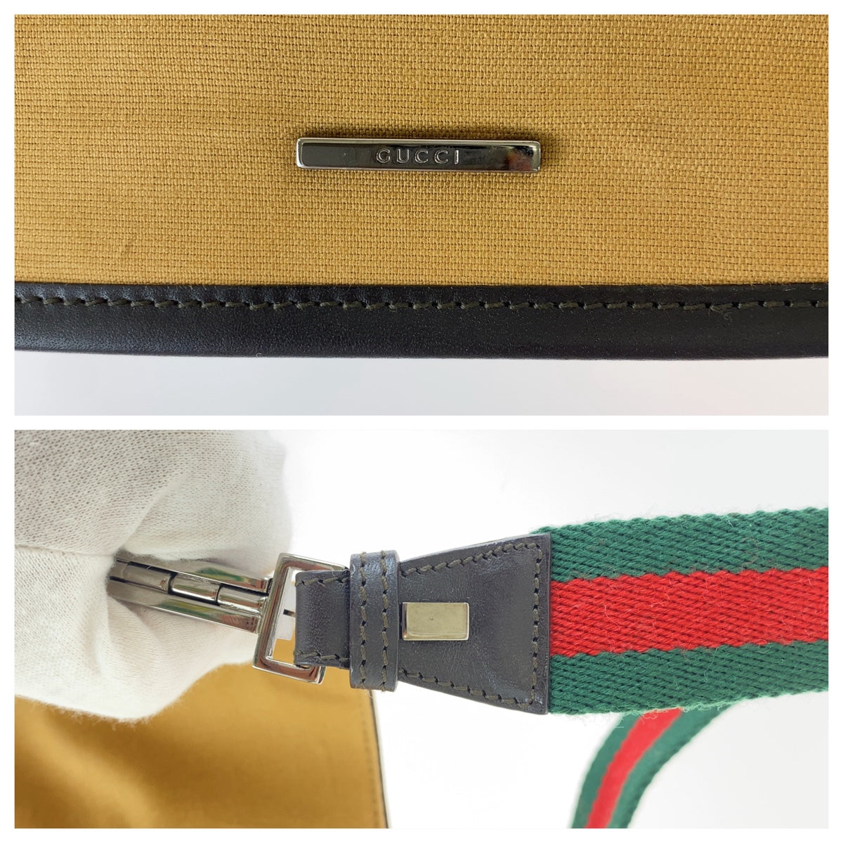 GUCCI Shoulder Bag 001 4321 2684 canvas Beige SilverMetal Sherry line Women Used Authentic