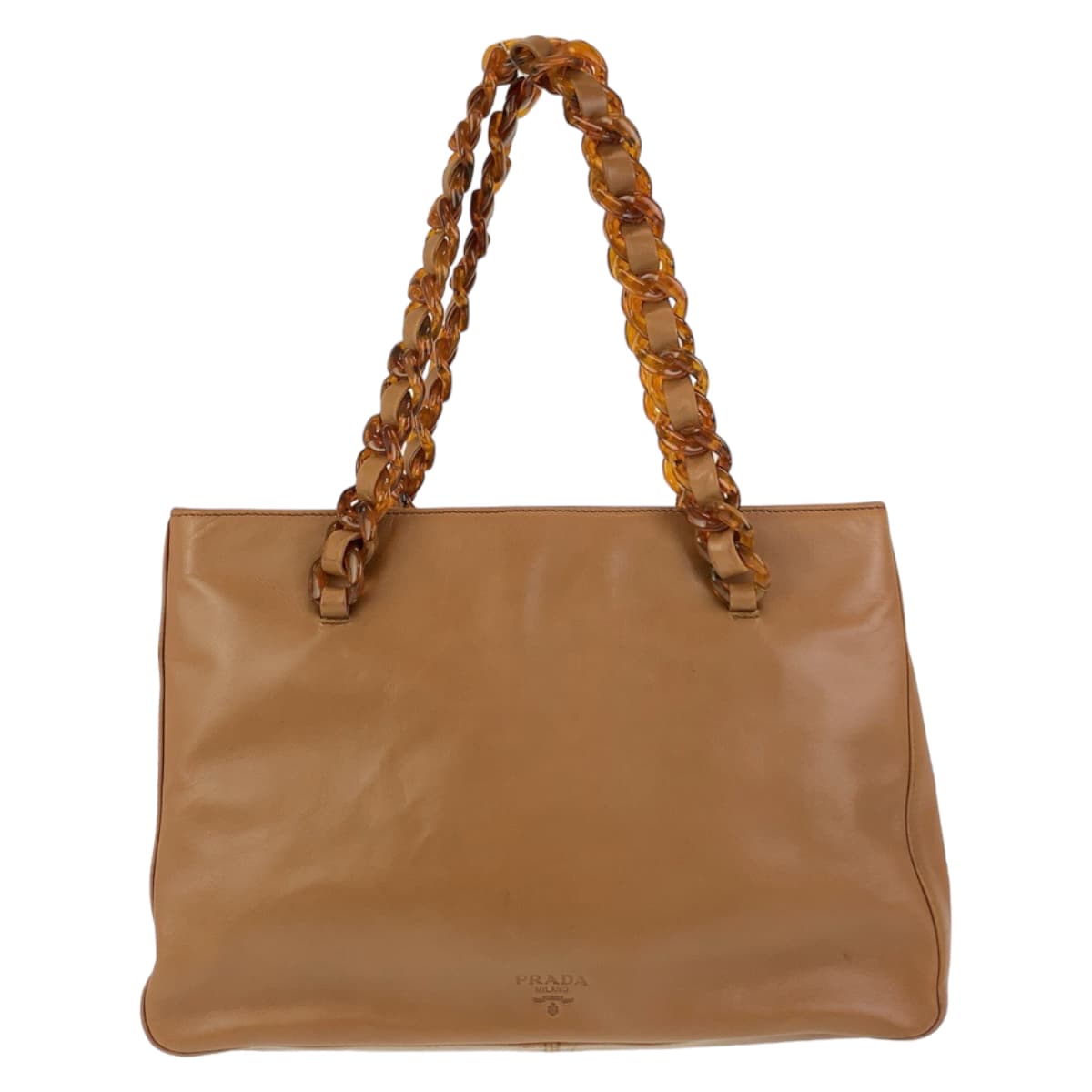 PRADA Tote Bag Leather, Plastic Brown Silver Metal Tote Bag Shoulder Bag Marble Plastic Chain Women Used Authentic