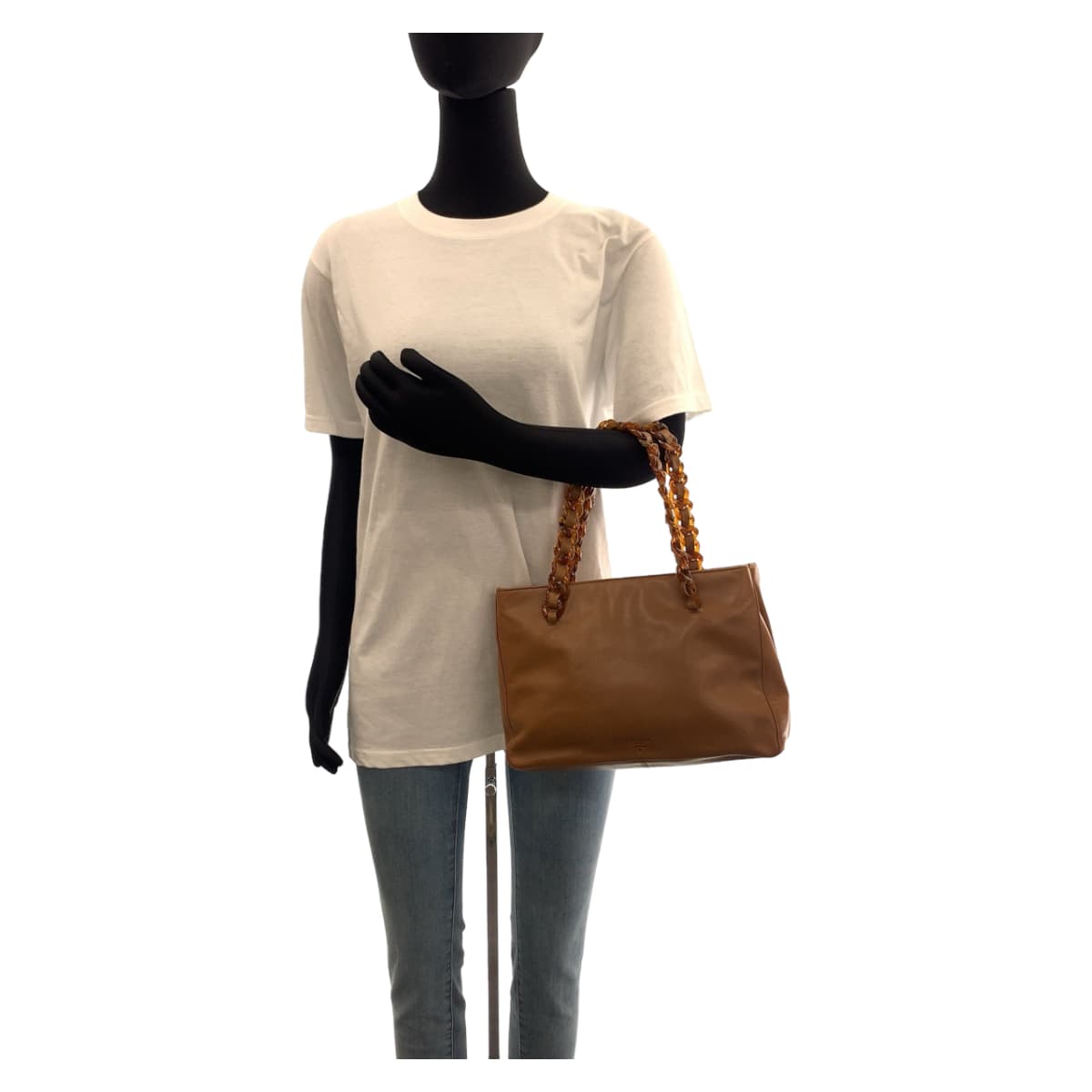 PRADA Tote Bag Leather, Plastic Brown Silver Metal Tote Bag Shoulder Bag Marble Plastic Chain Women Used Authentic