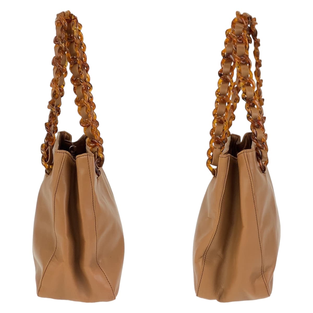 PRADA Tote Bag Leather, Plastic Brown Silver Metal Tote Bag Shoulder Bag Marble Plastic Chain Women Used Authentic