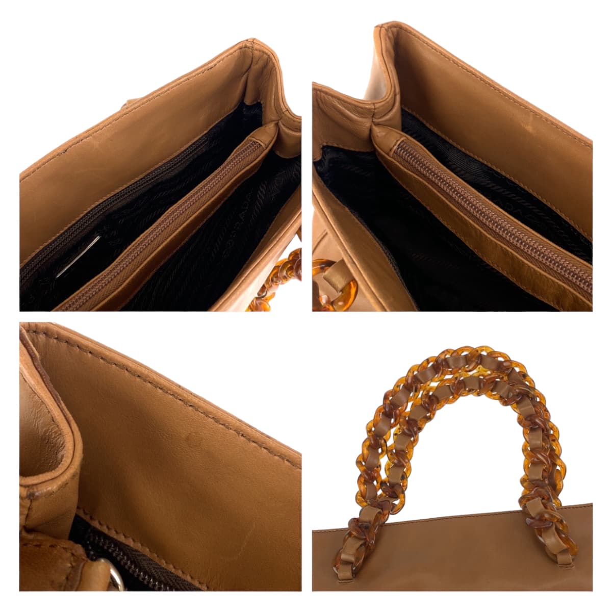 PRADA Tote Bag Leather, Plastic Brown Silver Metal Tote Bag Shoulder Bag Marble Plastic Chain Women Used Authentic