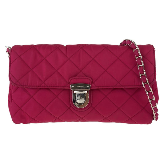 PRADA Shoulder Bag Nylon Pink SilverMetal ChainShoulder Bag Pochette Testuto Impuntu Women Used Authentic