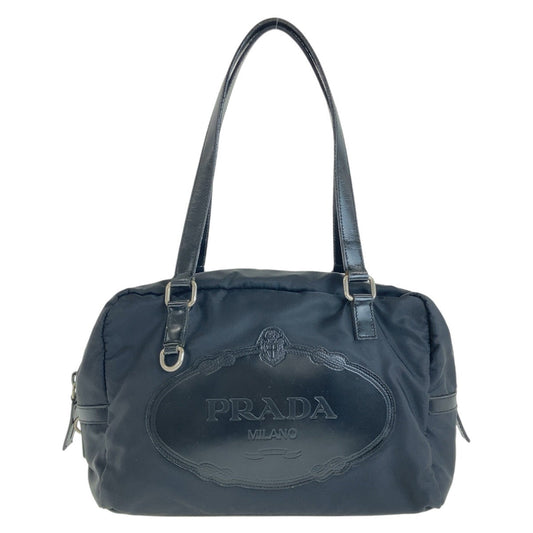 PRADA Shoulder Bag Nylon Black Silver Metal Shoulder Bag Handbag Mini Boston Duffel bag Test Logo embossed Women Used Authentic