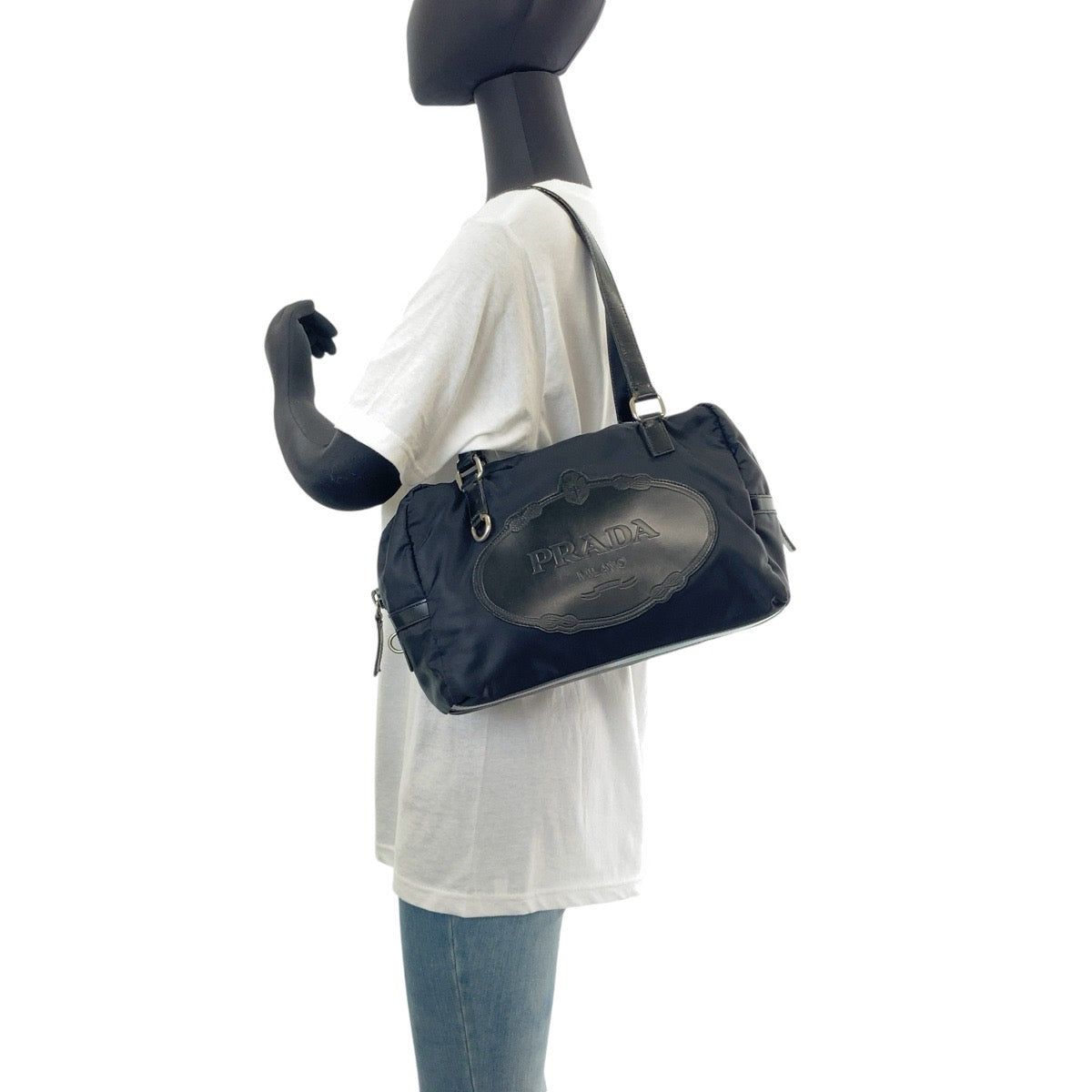 PRADA Shoulder Bag Nylon Black Silver Metal Shoulder Bag Handbag Mini Boston Duffel bag Test Logo embossed Women Used Authentic