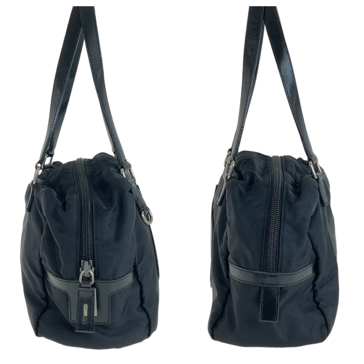 PRADA Shoulder Bag Nylon Black Silver Metal Shoulder Bag Handbag Mini Boston Duffel bag Test Logo embossed Women Used Authentic