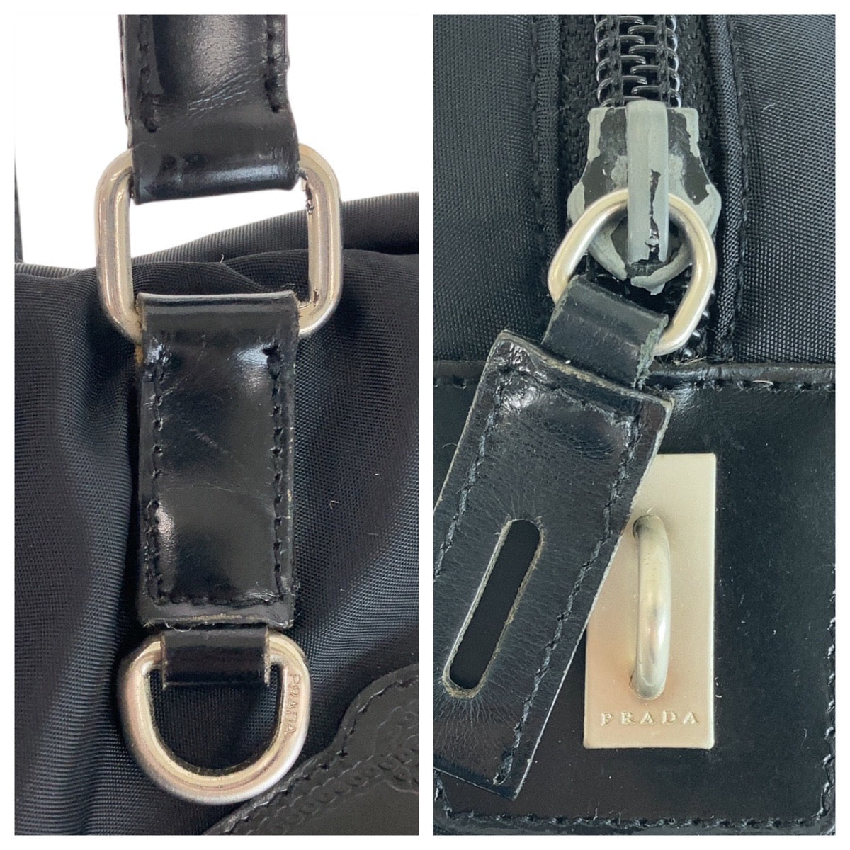 PRADA Shoulder Bag Nylon Black Silver Metal Shoulder Bag Handbag Mini Boston Duffel bag Test Logo embossed Women Used Authentic