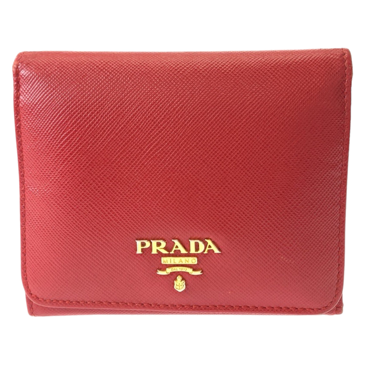 PRADA Tri-fold wallet leather Red Gold Metal Folding wallet Compact wallet Safiano Women Used Authentic