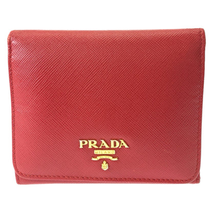 PRADA Tri-fold wallet leather Red Gold Metal Folding wallet Compact wallet Safiano Women Used Authentic