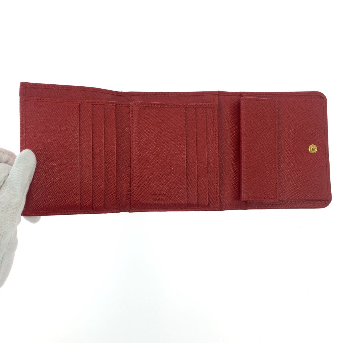PRADA Tri-fold wallet leather Red Gold Metal Folding wallet Compact wallet Safiano Women Used Authentic