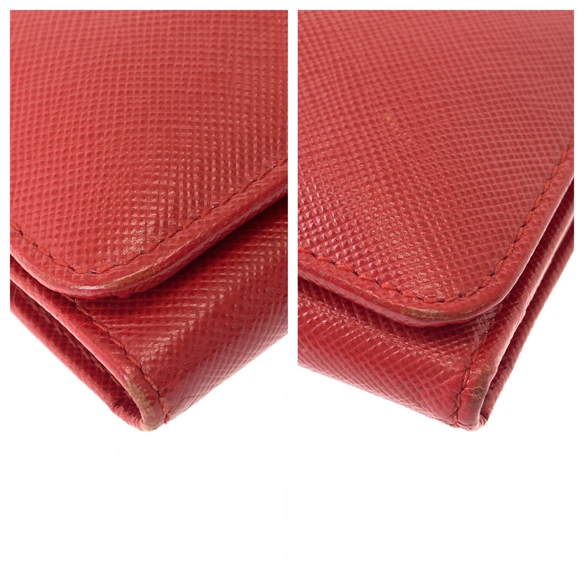 PRADA Tri-fold wallet leather Red Gold Metal Folding wallet Compact wallet Safiano Women Used Authentic