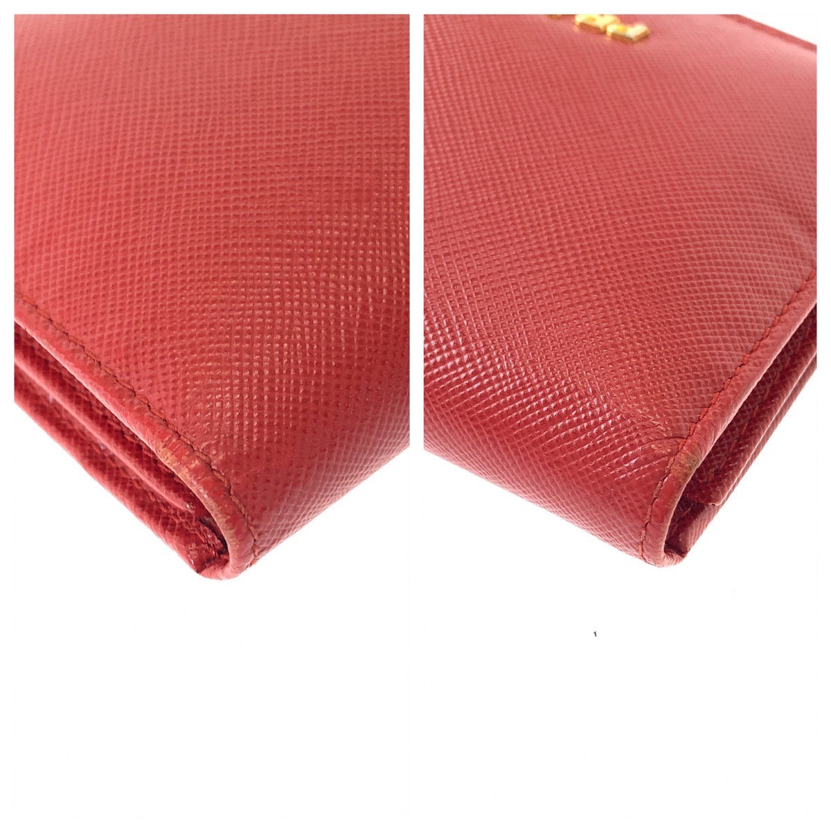 PRADA Tri-fold wallet leather Red Gold Metal Folding wallet Compact wallet Safiano Women Used Authentic