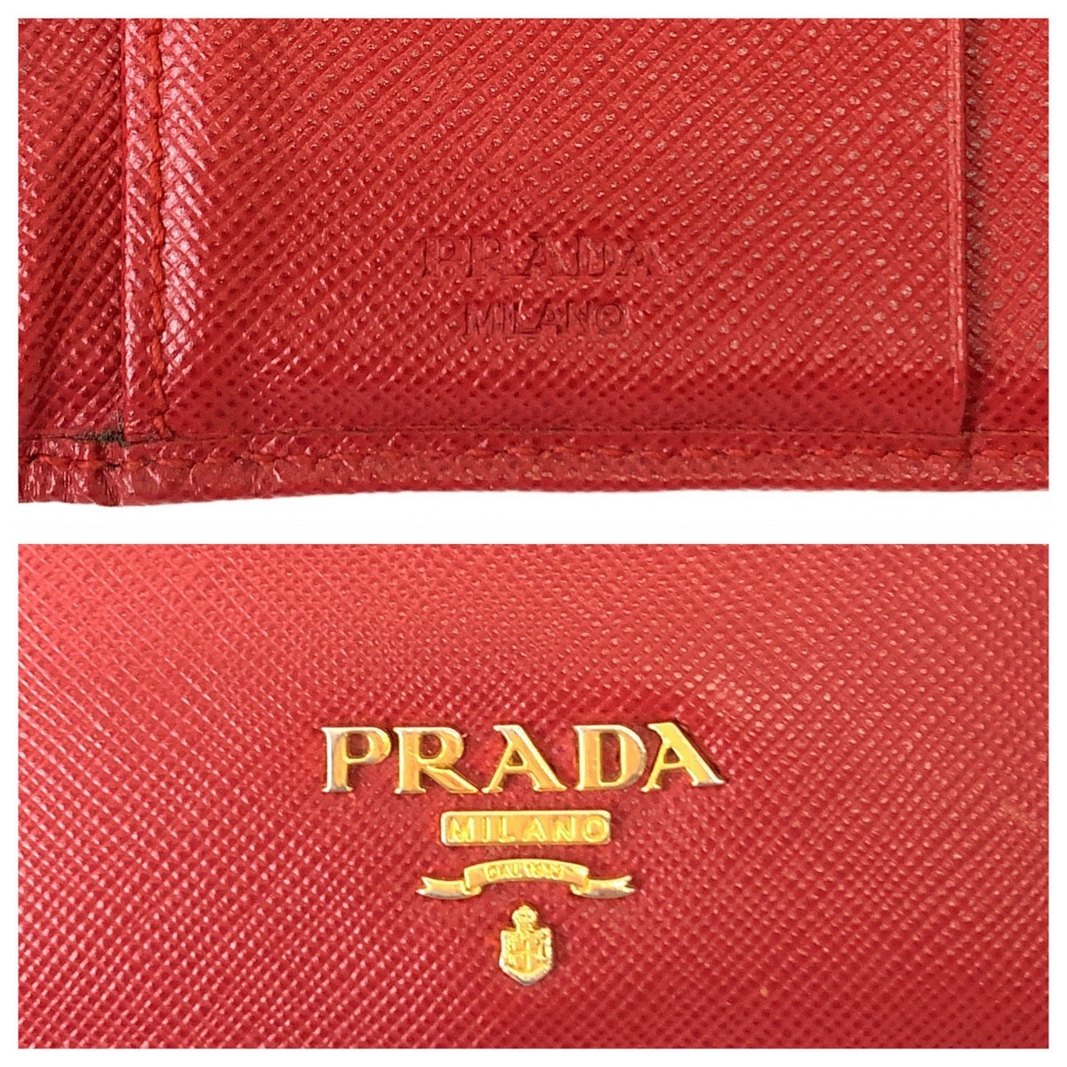 PRADA Tri-fold wallet leather Red Gold Metal Folding wallet Compact wallet Safiano Women Used Authentic