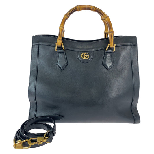 GUCCI Tote Bag 655658 leather Black GoldMetal Tote Bag Shoulder Bag Handbag 2way Bamboo Diana Women Used Authentic