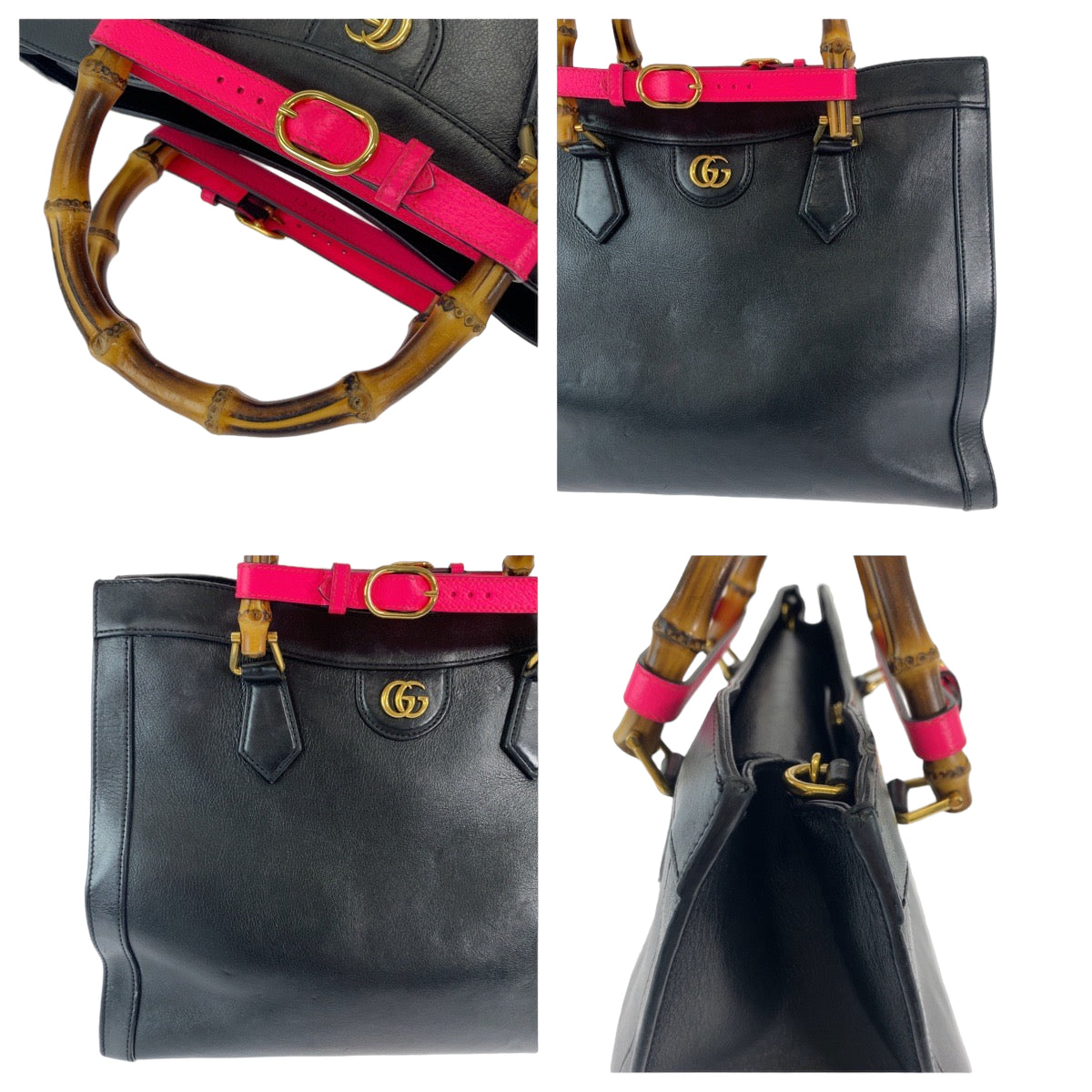 GUCCI Tote Bag 655658 leather Black GoldMetal Tote Bag Shoulder Bag Handbag 2way Bamboo Diana Women Used Authentic