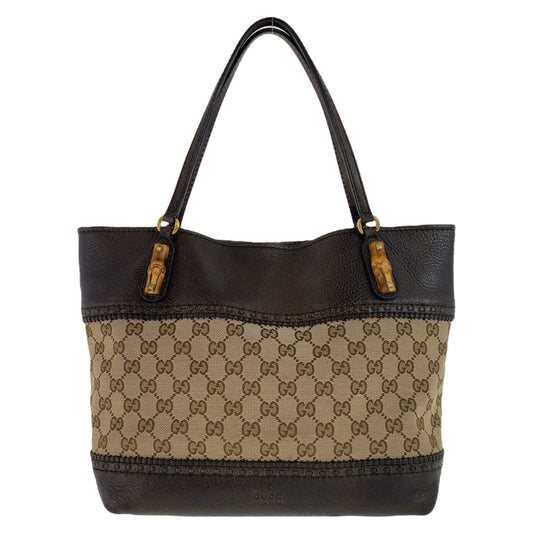 GUCCI Tote Bag 353125 GG canvas, leather Brown Gold Metal Tote Bag Shoulder Bag Handbag Bamboo Women Used Authentic