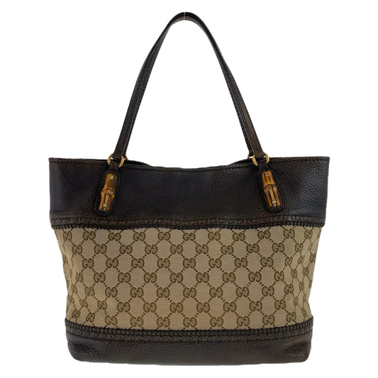 GUCCI Tote Bag 353125 GG canvas, leather Brown Gold Metal Tote Bag Shoulder Bag Handbag Bamboo Women Used Authentic