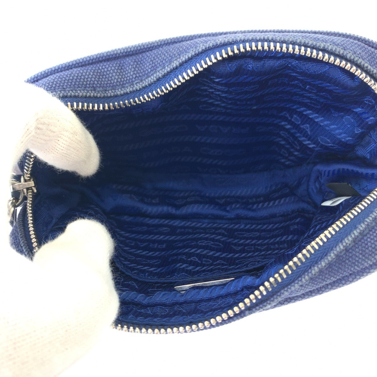 PRADA Handbag canvas Blue Silver Metal mini handbag accessory pouch Women Used Authentic