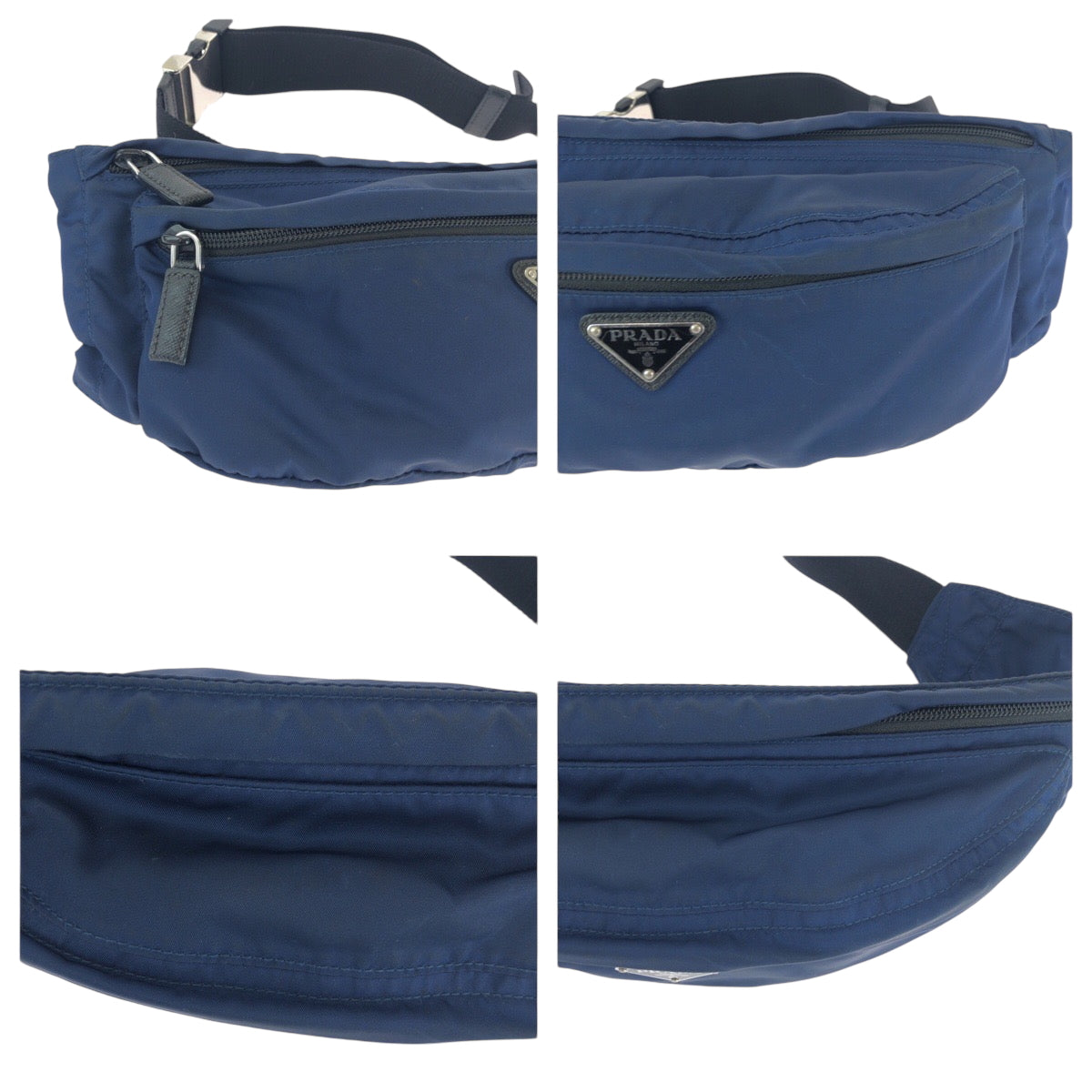 PRADA Waist bag Nylon Navy Black SilverMetal Waist Bag Bum Bag Test Triangle With logo mens Used Authentic