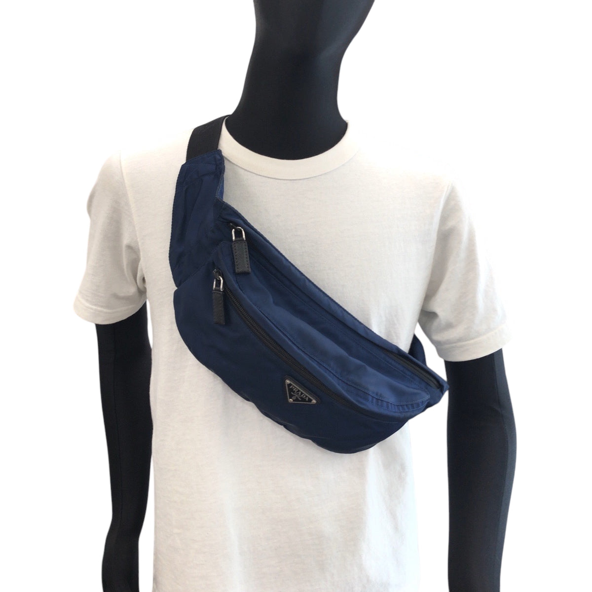 PRADA Waist bag Nylon Navy Black SilverMetal Waist Bag Bum Bag Test Triangle With logo mens Used Authentic
